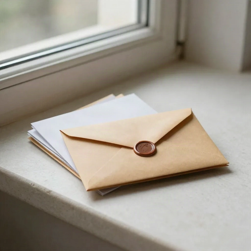 A stack of envelopes with one sealed envelope on a stone windowsill