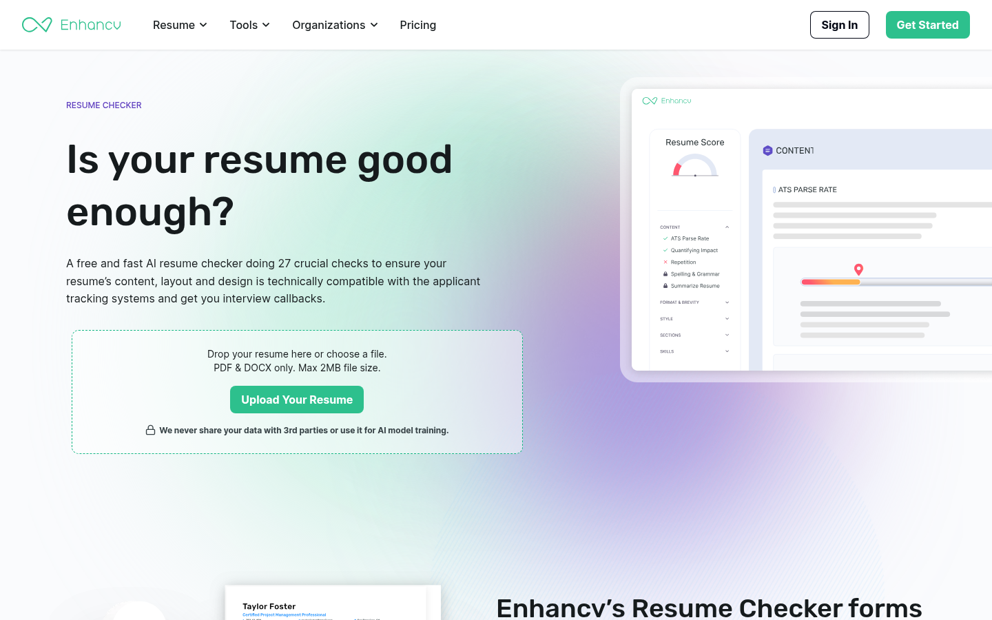 Enhancv free resume checker page with the score panel and upload box