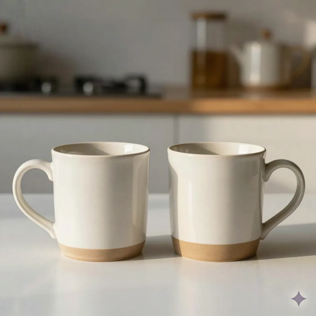 Two product photos side by side showing the same ceramic mug before and after AI photo transformation , flat grey lighting vs warm golden hour ambiance