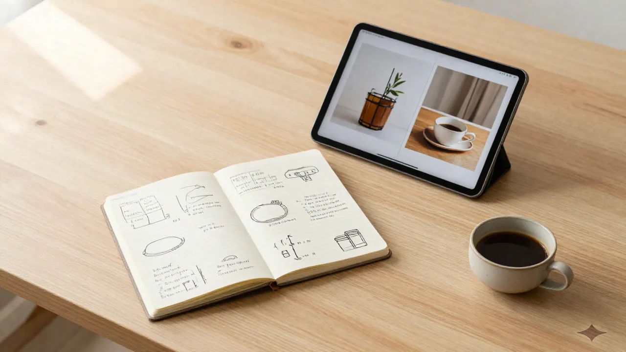 Flat-lay of a creative workspace with notebook, tablet showing before and after product photos, and coffee on an oak desk