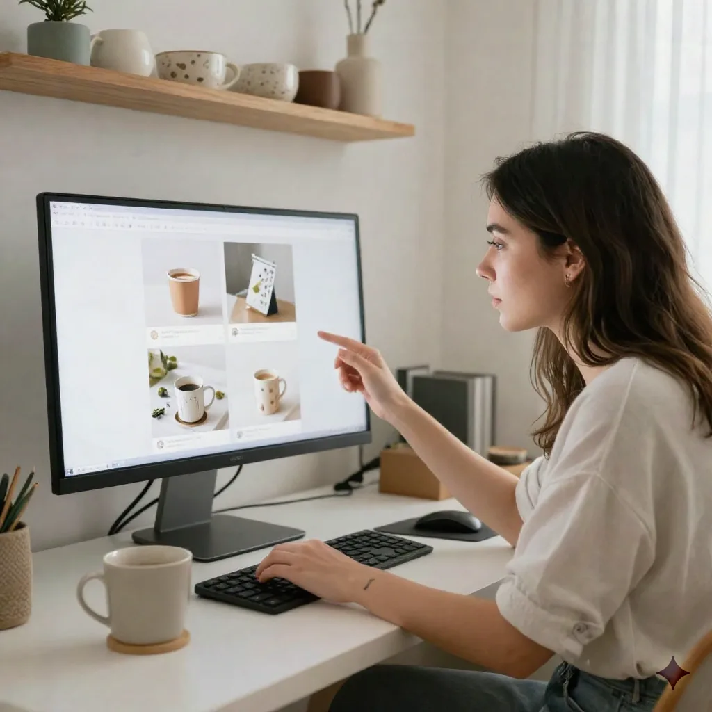 Etsy seller reviewing product photos on a large monitor at a bright home studio desk with ceramic items on shelves in background