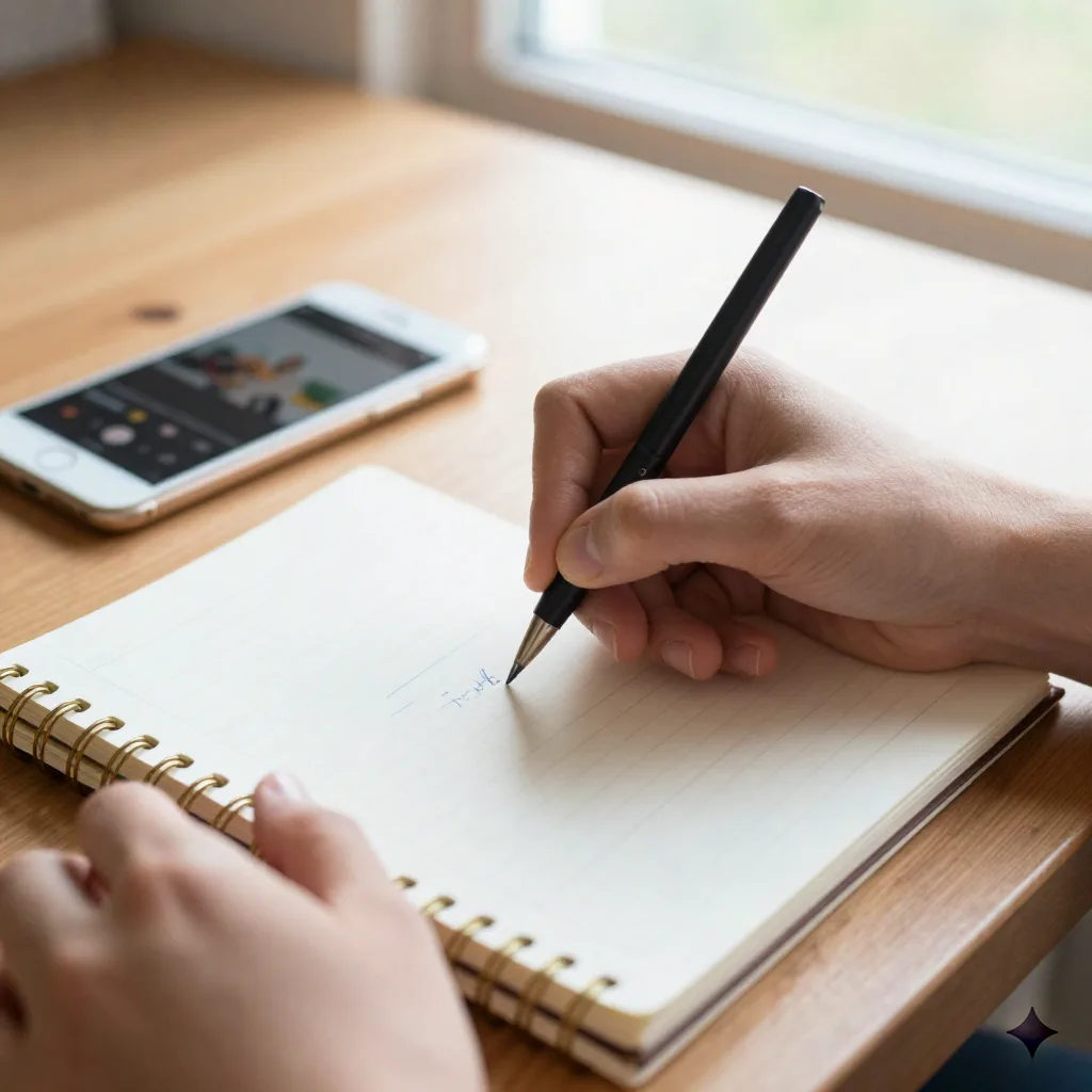 Close-up of hands writing a visual brief in a notebook beside a smartphone showing a photo editing app in natural window light