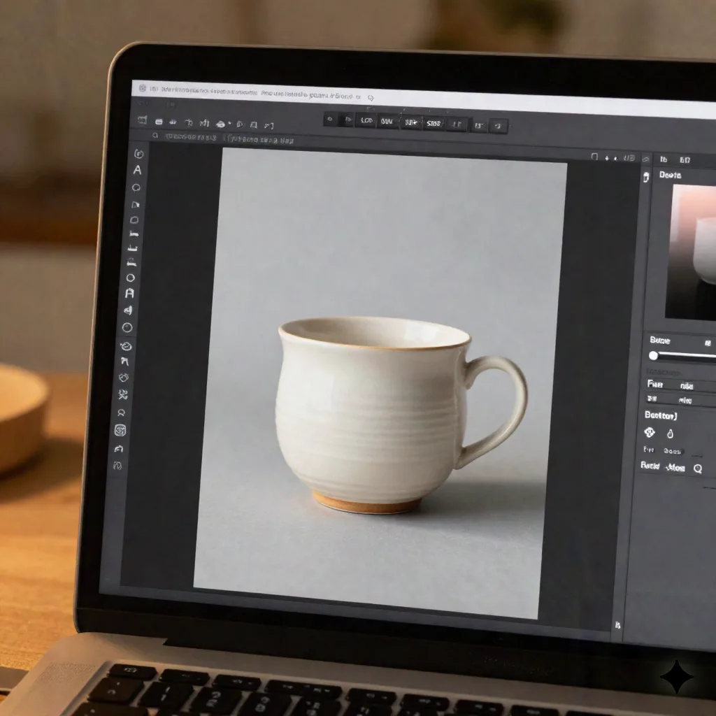 Close-up of a laptop screen mid-edit showing a ceramic mug product photo with a warm golden-hour background swap