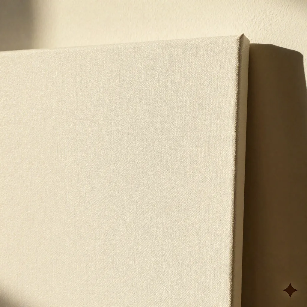 Close-up of a textured blank canvas print leaning against a living room wall