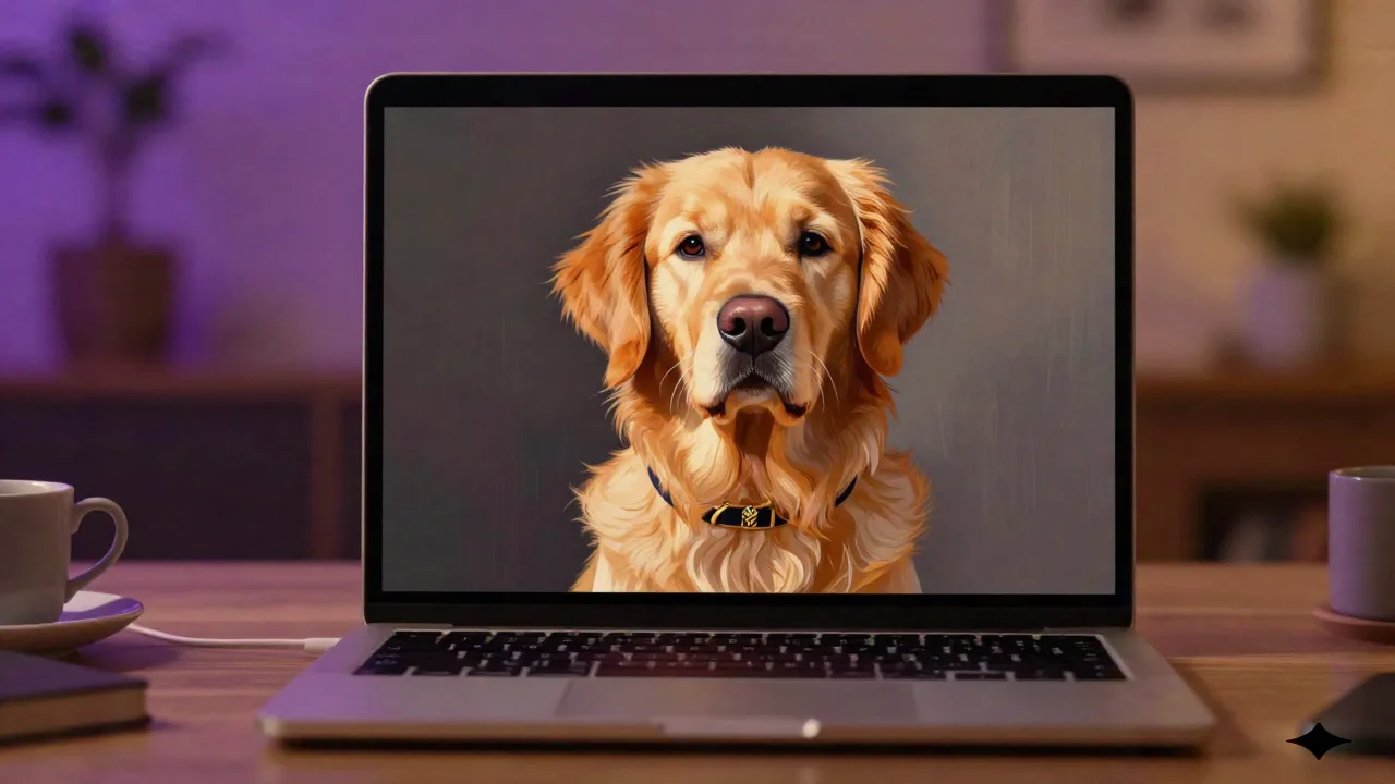 Laptop-Bildschirm mit einem KI-stilisierten Ölporträt eines Golden Retrievers mit kleinem herrschaftlichen Halsband