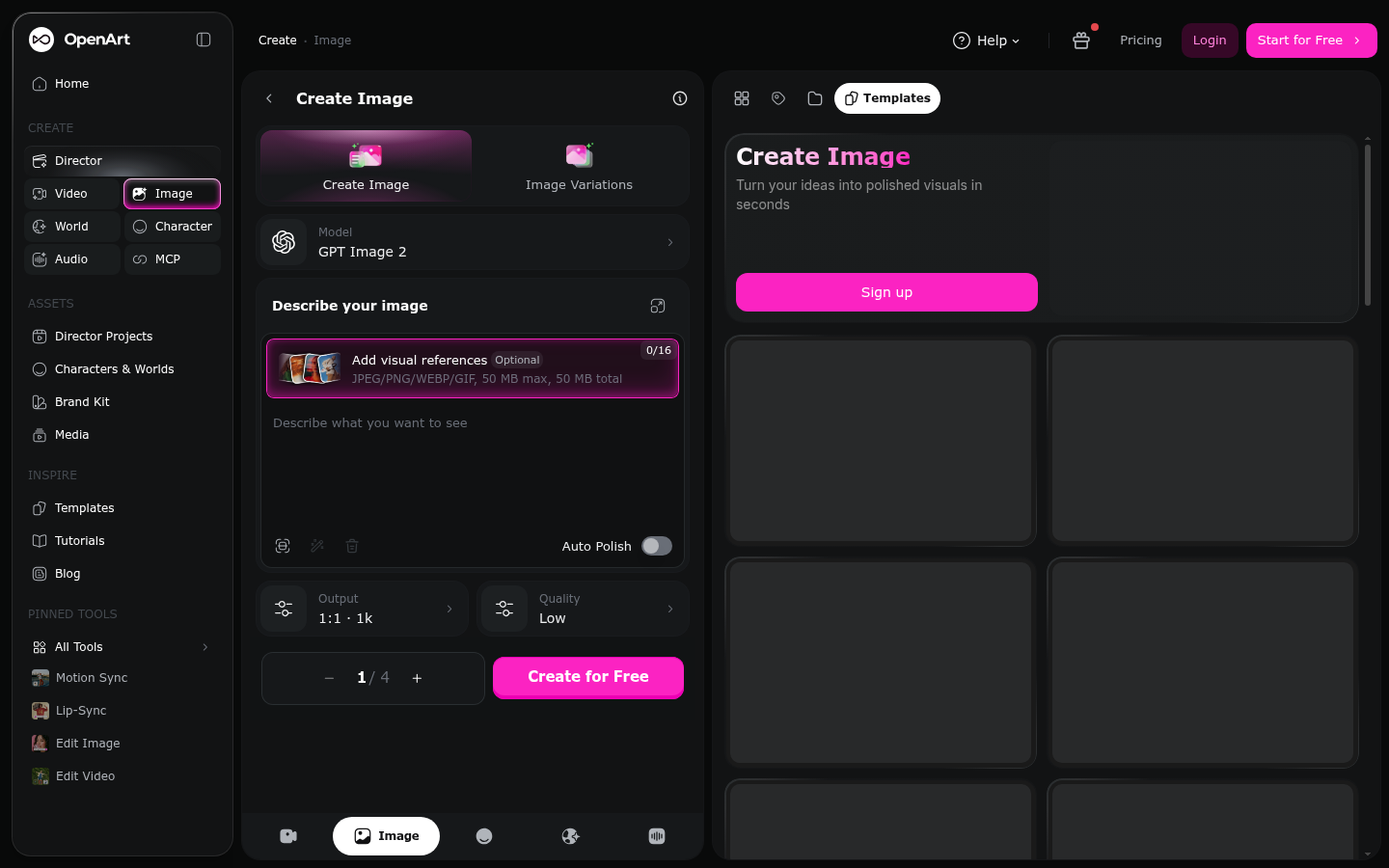 Workspace pembuatan gambar OpenArt AI GPT Image 2