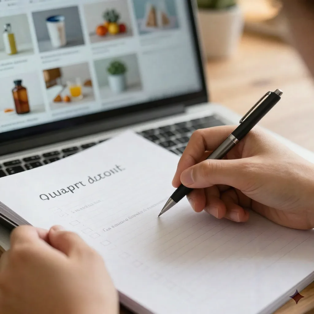 Hands checking off items on a handwritten checklist next to a laptop showing edited product photo thumbnails