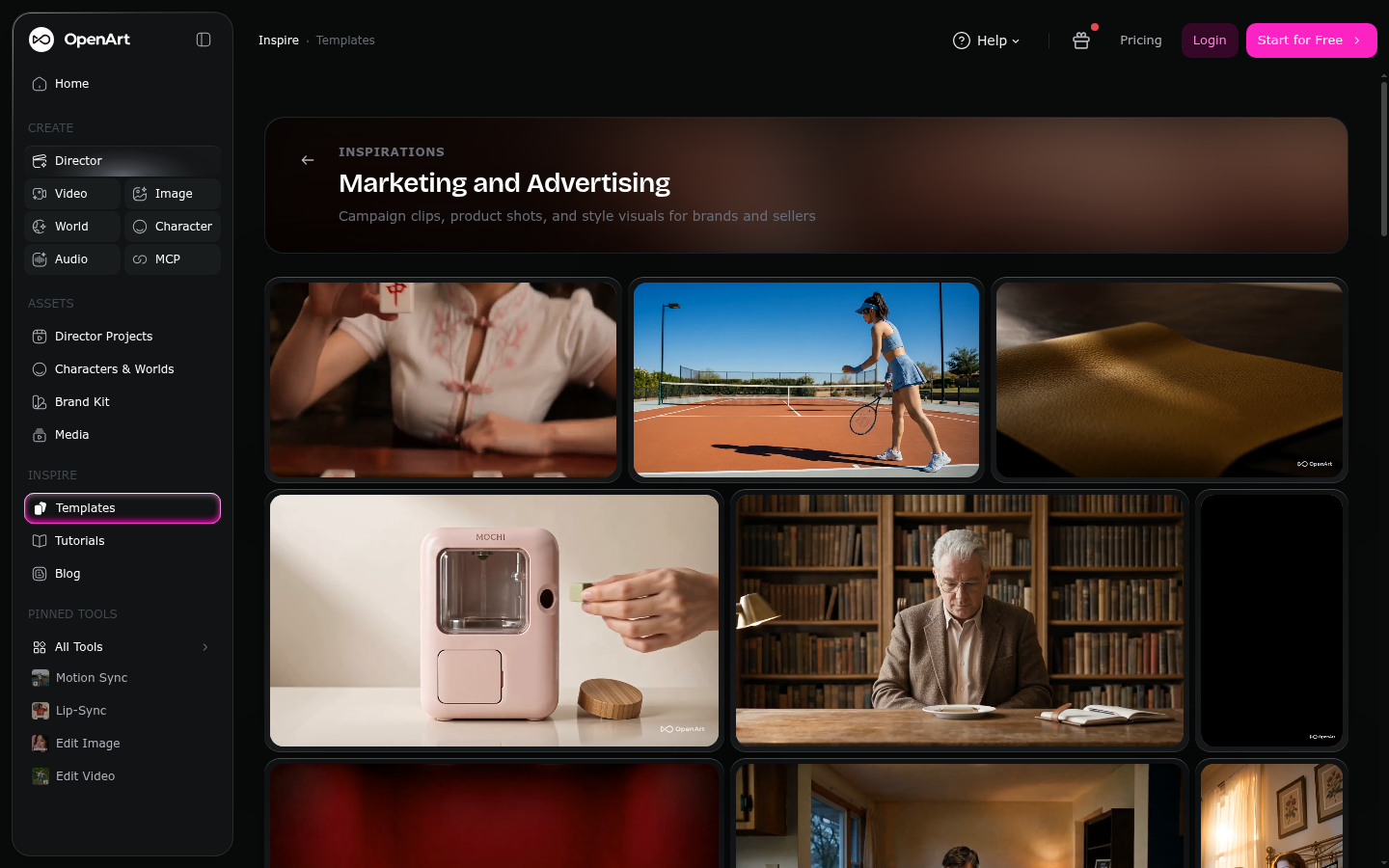 Feed komunitas OpenArt AI dari visual pemasaran dan produk yang dihasilkan pengguna