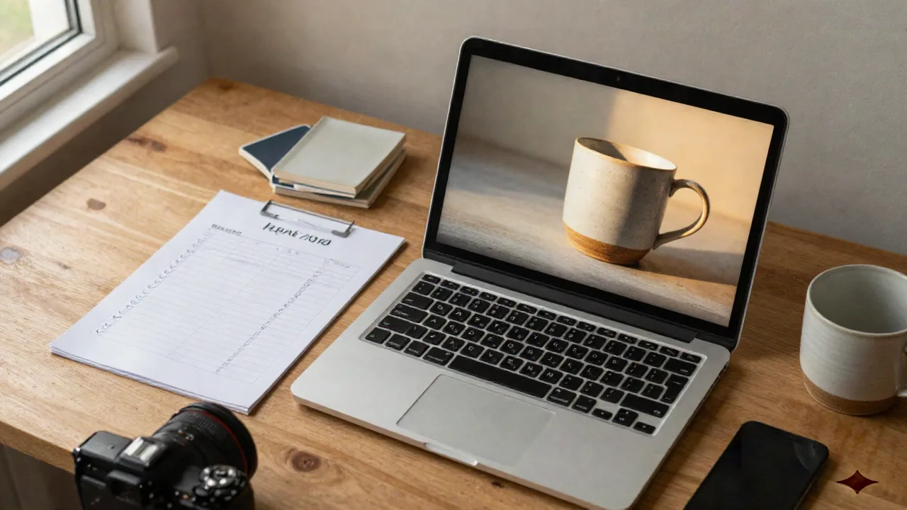 Overhead flat-lay dari creative desk dengan laptop menunjukkan before-after product photo edit di sebelah handwritten checklist