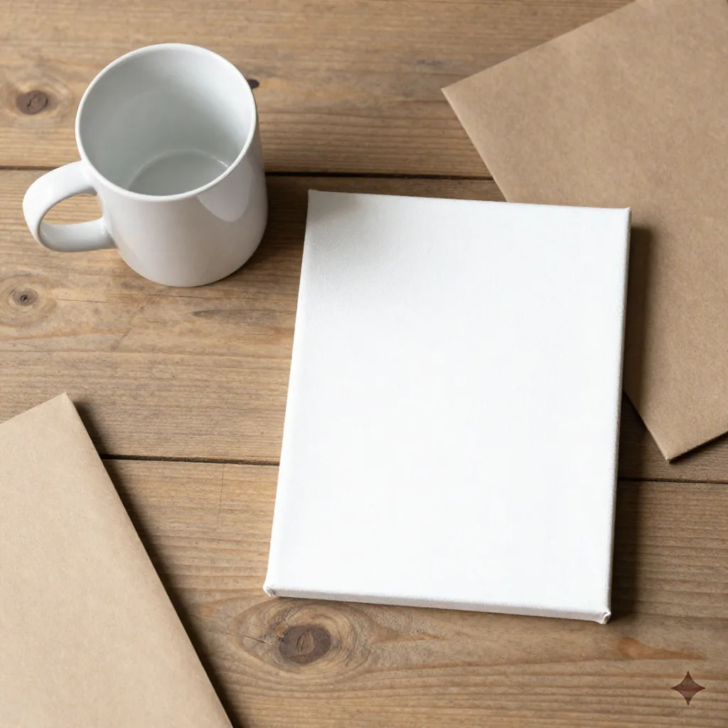 Flat lay of a ceramic mug and blank canvas print sample on a wooden seller work table