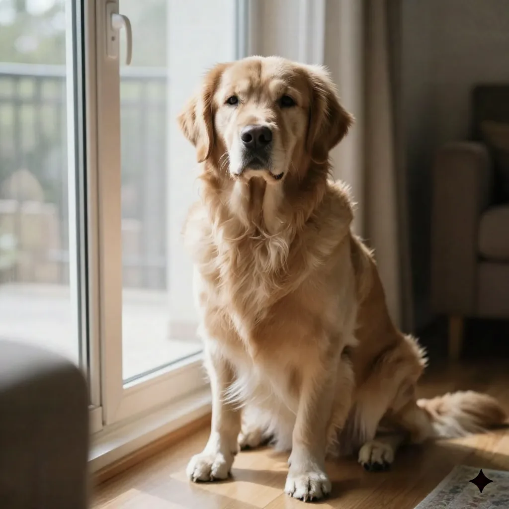 Golden retriever dog sitting by a sunny living room window