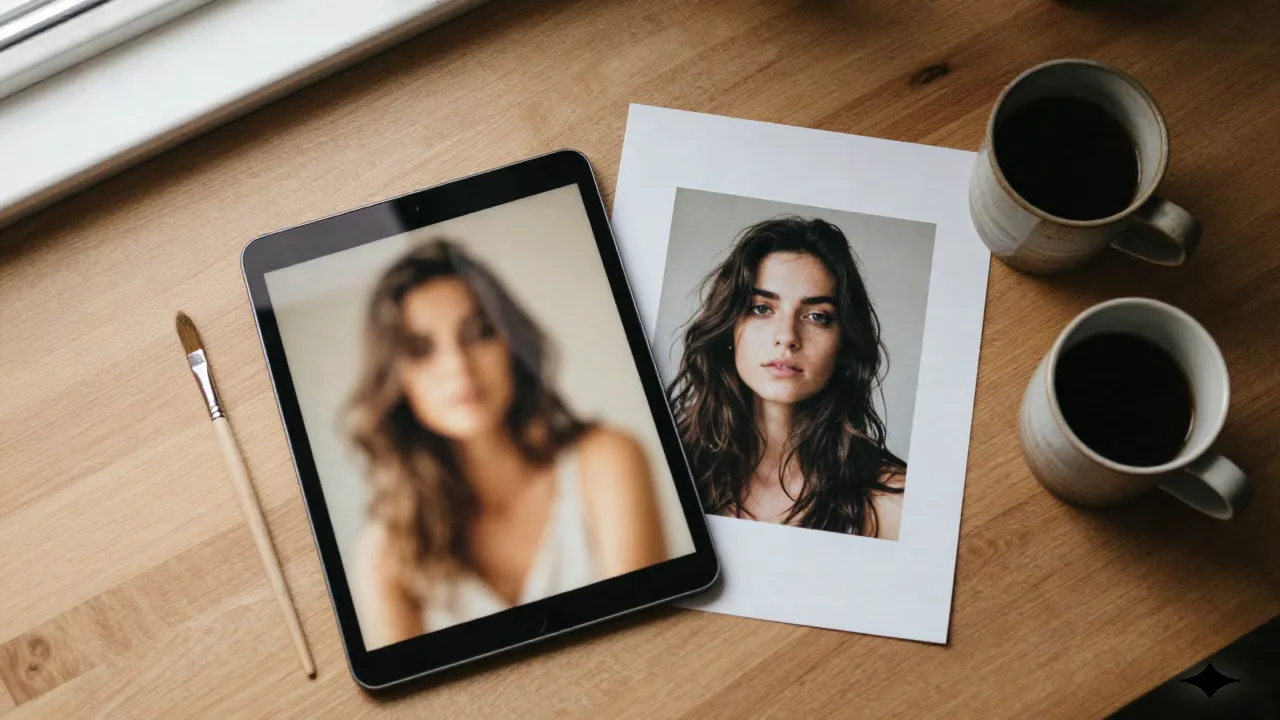 Photographer's desk with a tablet showing a warm artistic portrait next to a printed reference photo