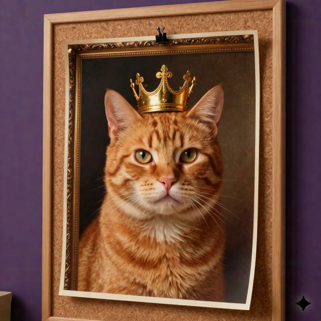 Printed poster of a renaissance-style oil painting portrait of an orange tabby cat wearing a small gold crown