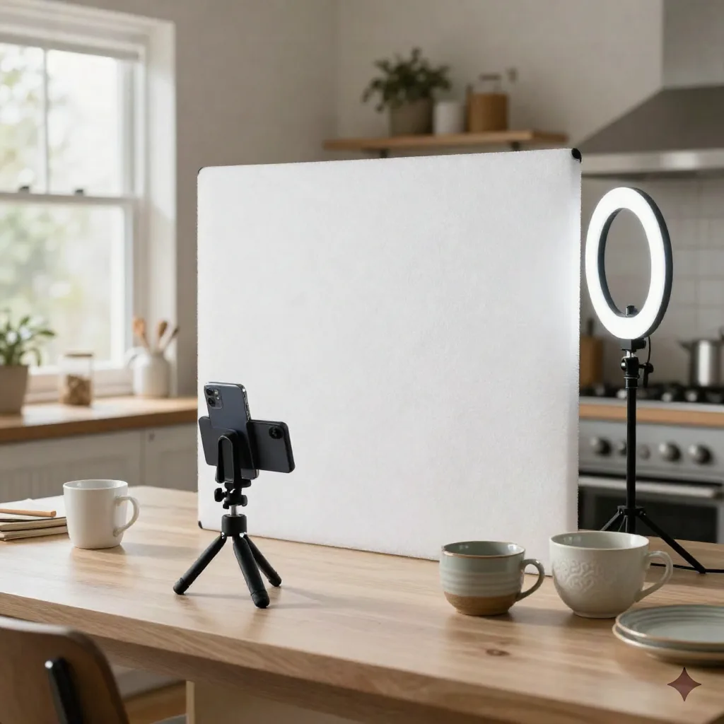 A small home product photography setup on a kitchen table with a phone tripod, ring light, and ceramic homeware