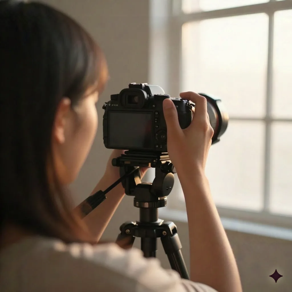 Photographer framing a portrait subject from behind near a window during golden hour