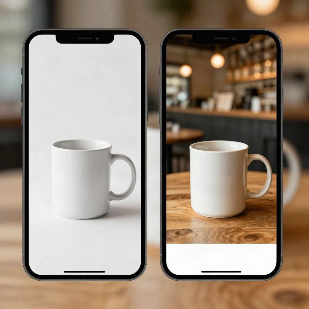 プレーンな背景からおしゃれなシーンへ変換される商品写真をスマートフォンで表示