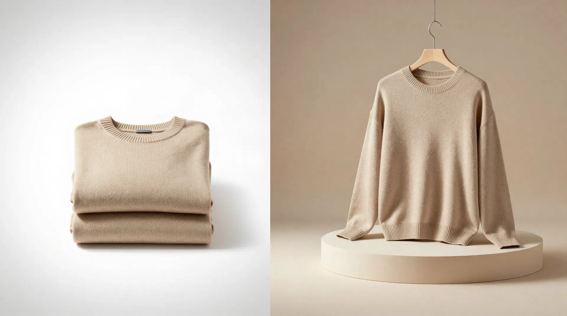 Split scene showing a plain amateur product photo transforming into a fully lit professional studio shoot of the same sweater