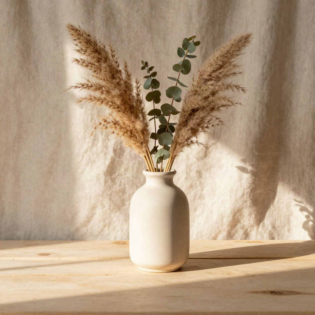 Ceramic vase and dried flowers styled in a golden-hour photographic mood for an online shop listing