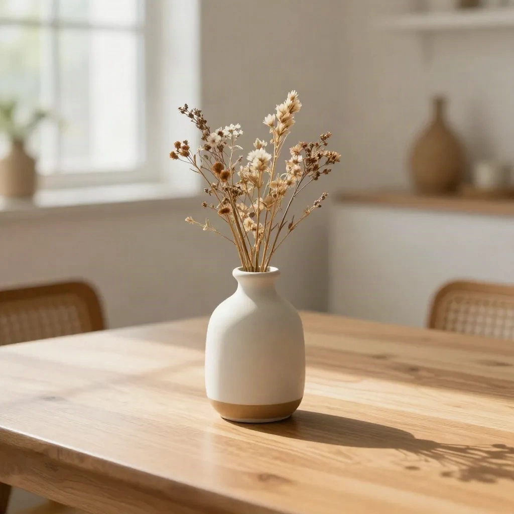 Vaso di ceramica con fiori di campo secchi su tavolo di quercia, fotografia di prodotto lifestyle generata da IA per e-commerce