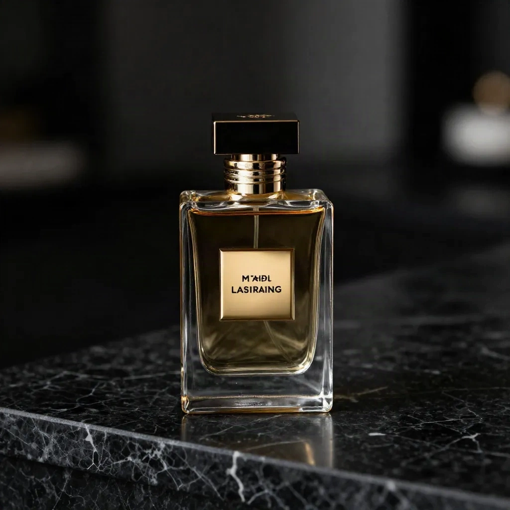 AI-generated product photography: perfume bottle on dark marble with dramatic studio lighting