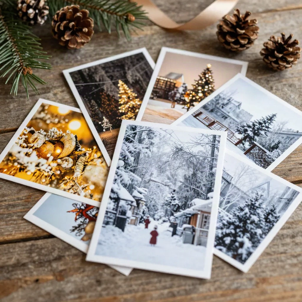 En samling julkort med varierade fotografiska stilar på ett rustikt träbord
