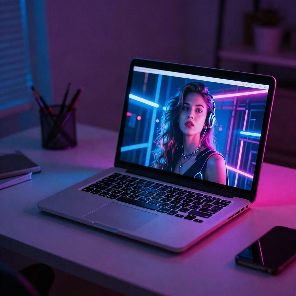 Laptop screen showing a portrait photo being transformed into a cyberpunk neon AI art style