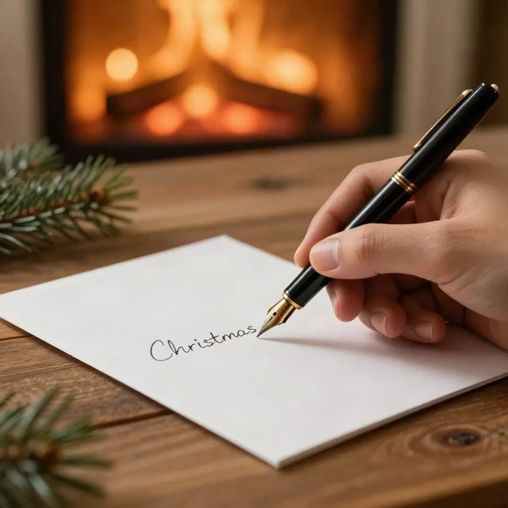 Hand writing on a Christmas card with a fountain pen by fireplace light