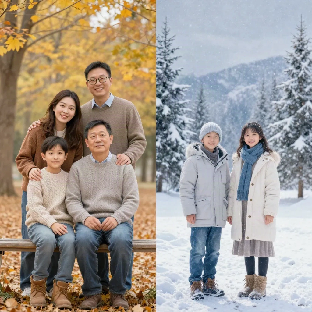 Vorher-Nachher-KI-Bildtransformation: Herbstporträt wird zur winterlichen Weihnachtskarte