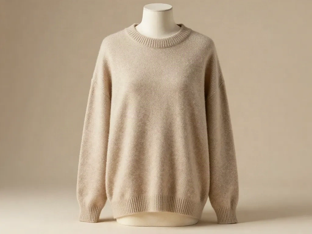 Beige wool sweater on an invisible mannequin form in a softly lit studio scene, styled by AI without a physical photoshoot