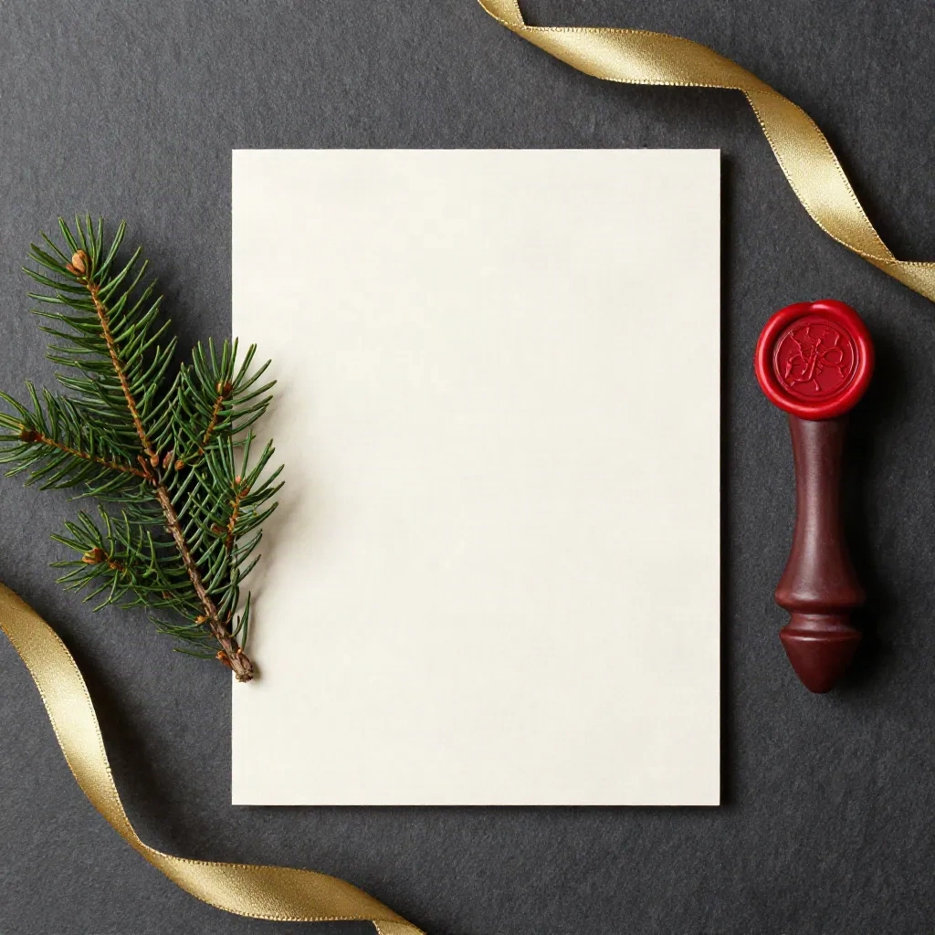 Elegante schlichte Weihnachtskarte mit Tannenzweig, Siegelwachs und Goldband auf dunklem Schiefer