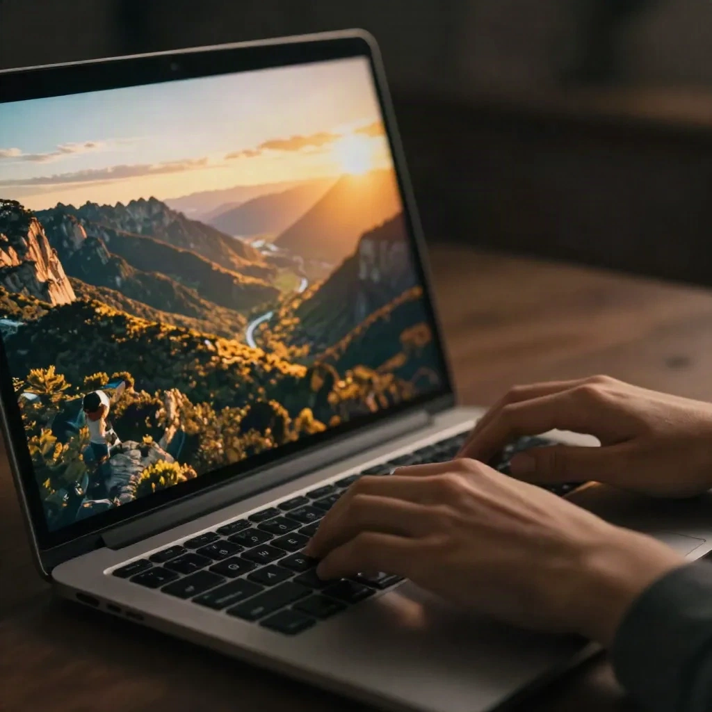 Hands typing an AI image prompt on a laptop with AI-generated photo visible on screen