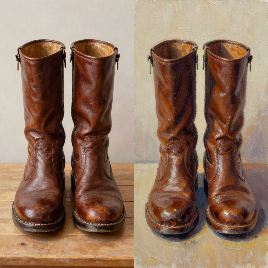 Split before-and-after image of leather boots, original photo on the left and oil-painting AI art style on the right