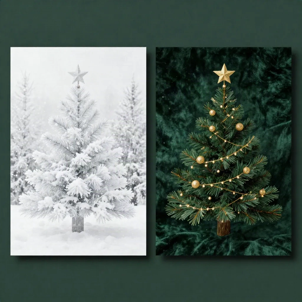 Two contrasting Christmas card styles: bright white snow aesthetic versus dark moody green velvet