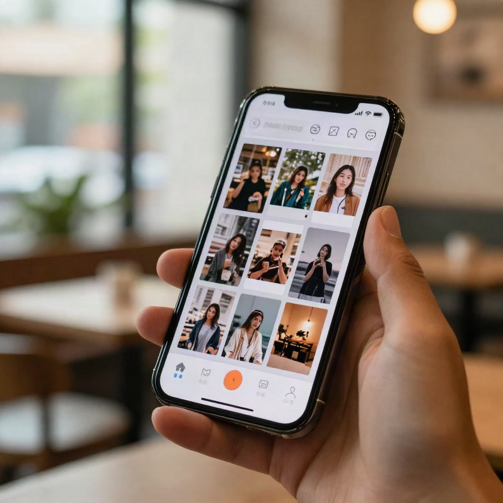 Hand holding a smartphone showing a grid of AI art style filter thumbnails in a photo editing app
