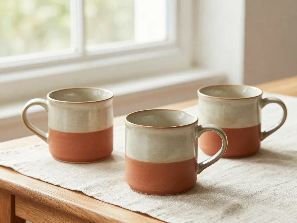 Three handmade ceramic mugs styled in natural window light on a linen table runner