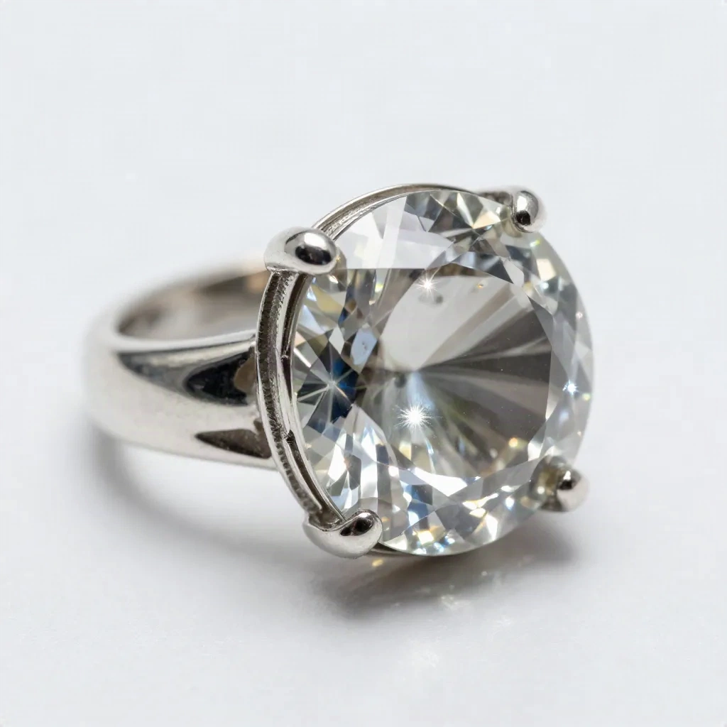 Primo piano di anello in argento con gemma su superficie bianca, sfida di fotografia di prodotto riflettente per strumenti IA