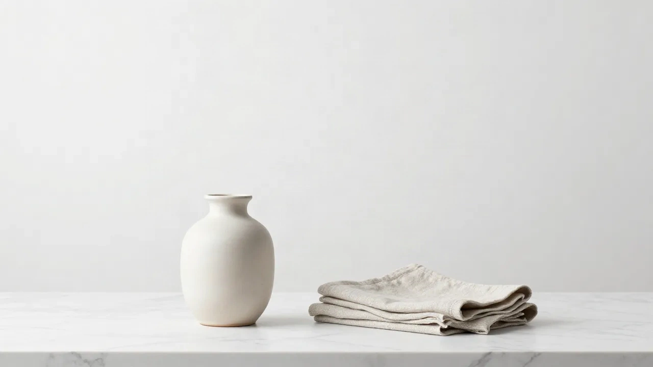 Virtuelles Produktfotografie-Studio mit Keramikprodukten auf weißer Marmoroberfläche
