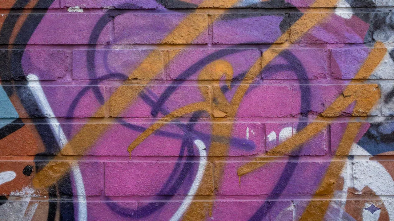 Tracce astratte di spray graffiti su un muro di mattoni in tonalità viola e ambra