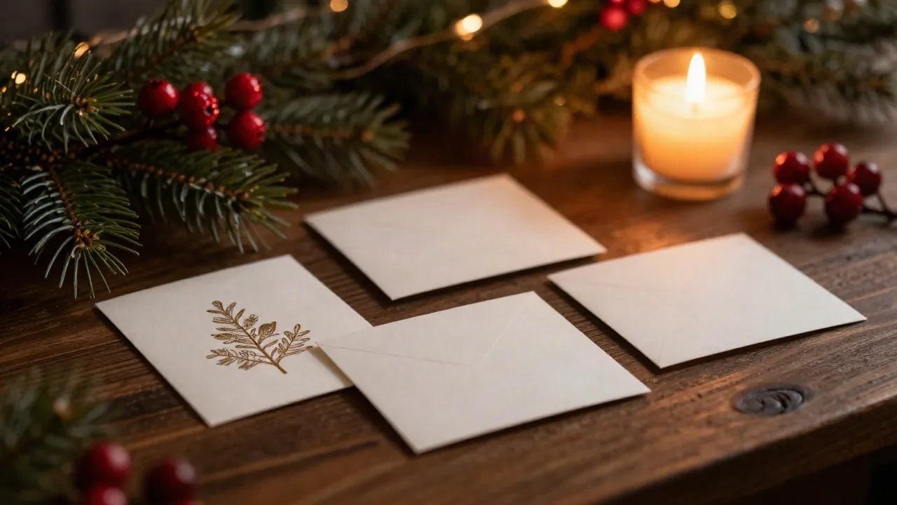 Christmas cards arranged on a dark wooden table with candlelight and pine branches