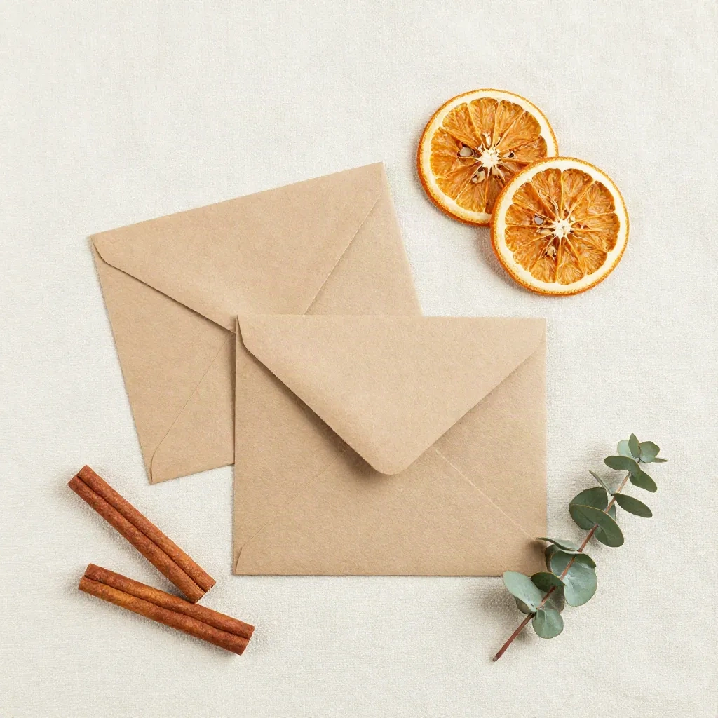 Flat lay of Christmas cards with kraft envelope, dried oranges and cinnamon on linen