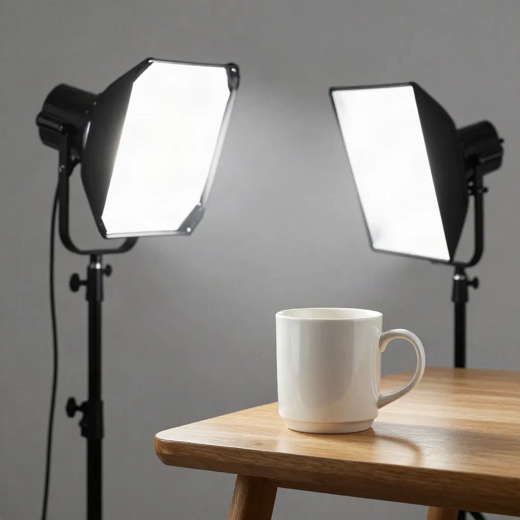 Three-point product photography lighting setup with key light, fill light and rim light around a ceramic mug