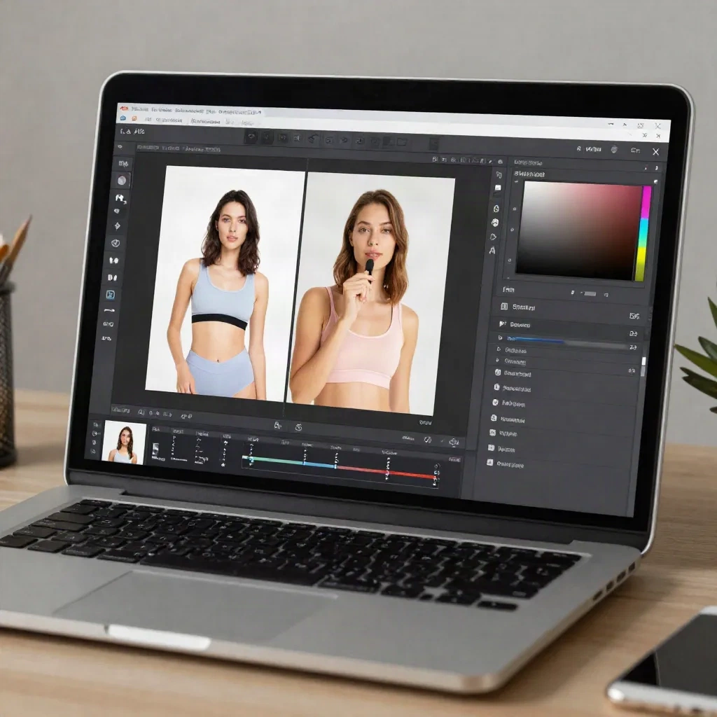 Product photo editing workflow on laptop screen showing post-processing and before/after comparison