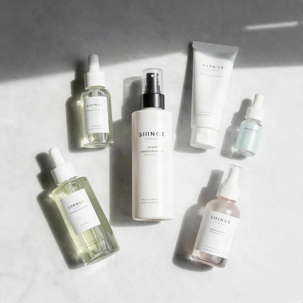 Flat lay product photography with skincare bottles arranged on marble surface with natural light