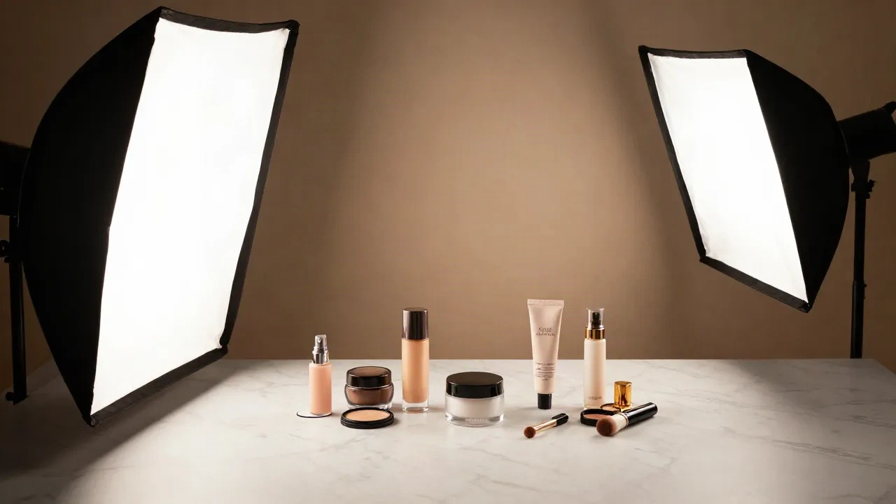 Professional product photography lighting setup with two softbox lights in a minimalist studio