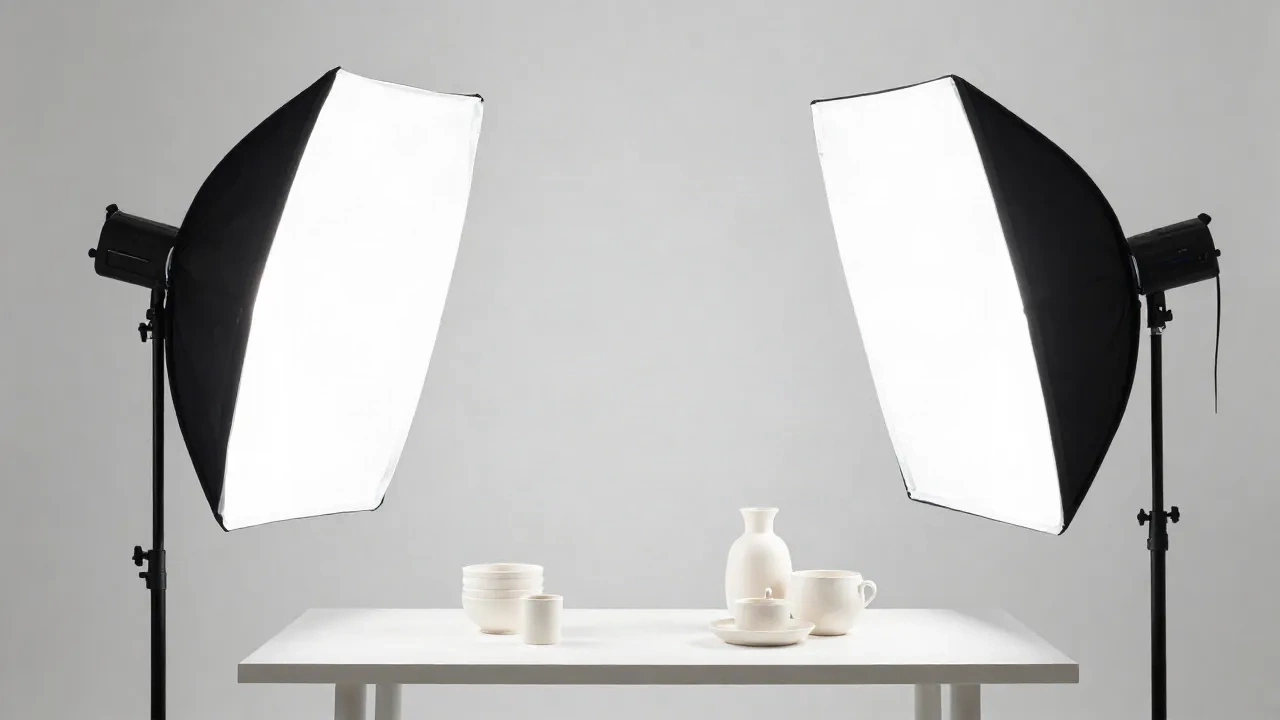 Professionelles Produktfotografie-Beleuchtungs-Setup mit zwei Softbox-Lichtern in minimalem Studio