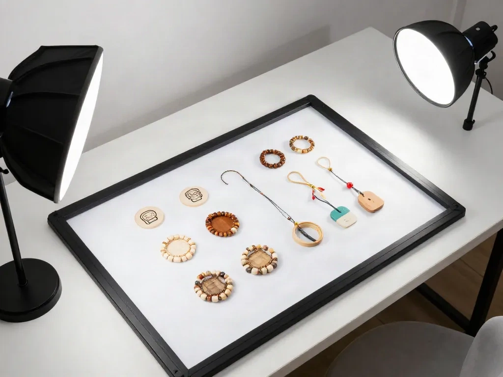 Overhead view of e-commerce product photography batch workflow setup with multiple products