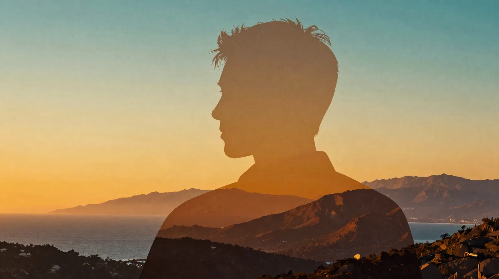 Eine Silhouette, gefüllt mit einer Reiselandschaft im Doppelbelichtungs-Poster-Stil