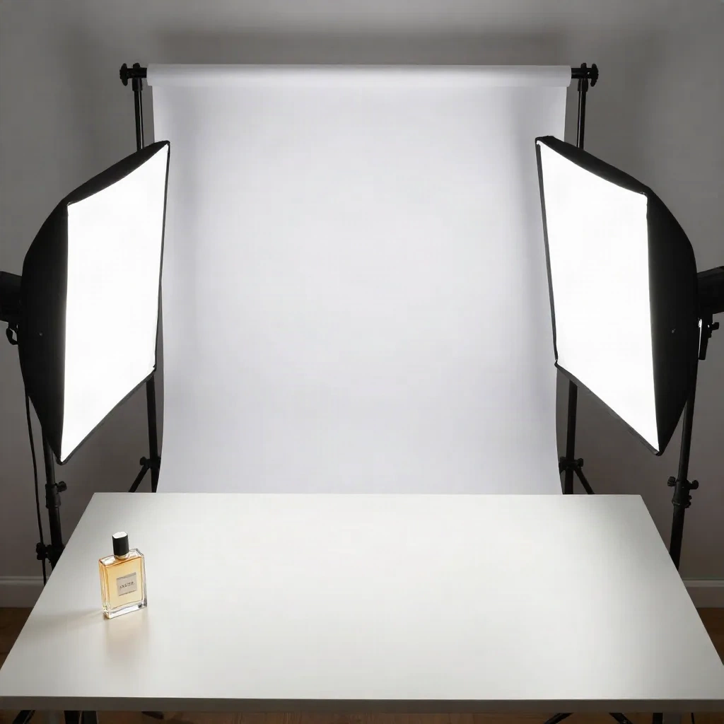 Home studio LED lighting setup for e-commerce product photography with two softbox lights and white backdrop