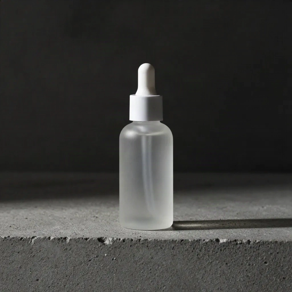 Flacone skincare fotografia prodotto su cemento con illuminazione laterale drammatica