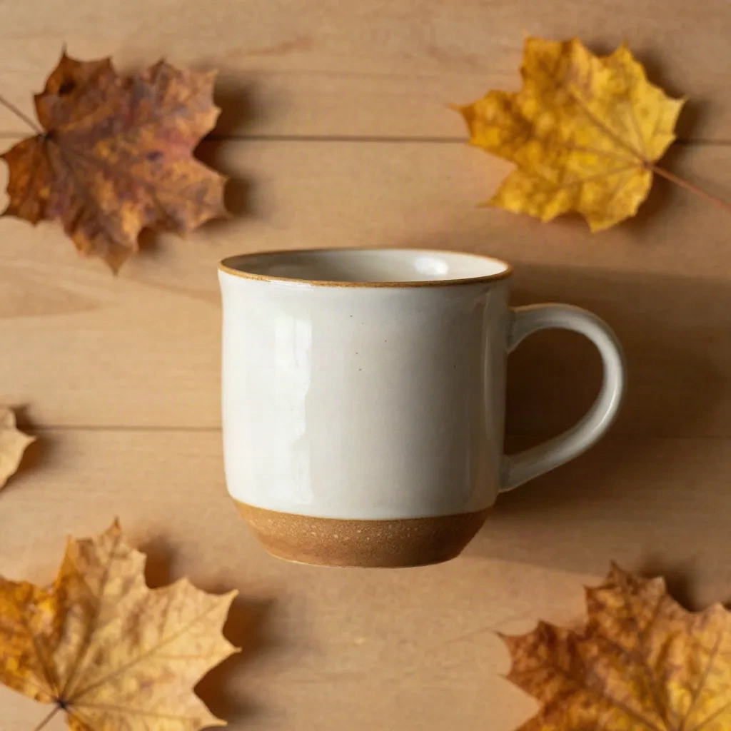 Flat lay fotografia prodotto di tazza in ceramica con foglie autunnali su superficie in legno